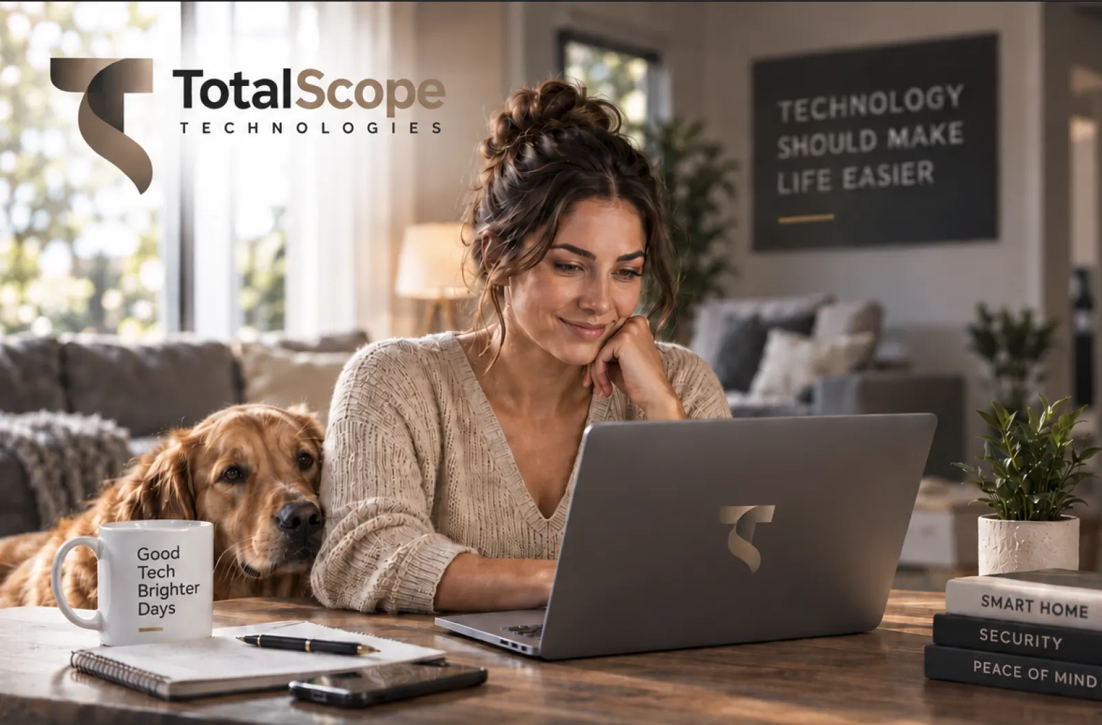 Homeowner using a laptop for reliable computer help and home IT support from TotalScope Technologies in Nashville, TN