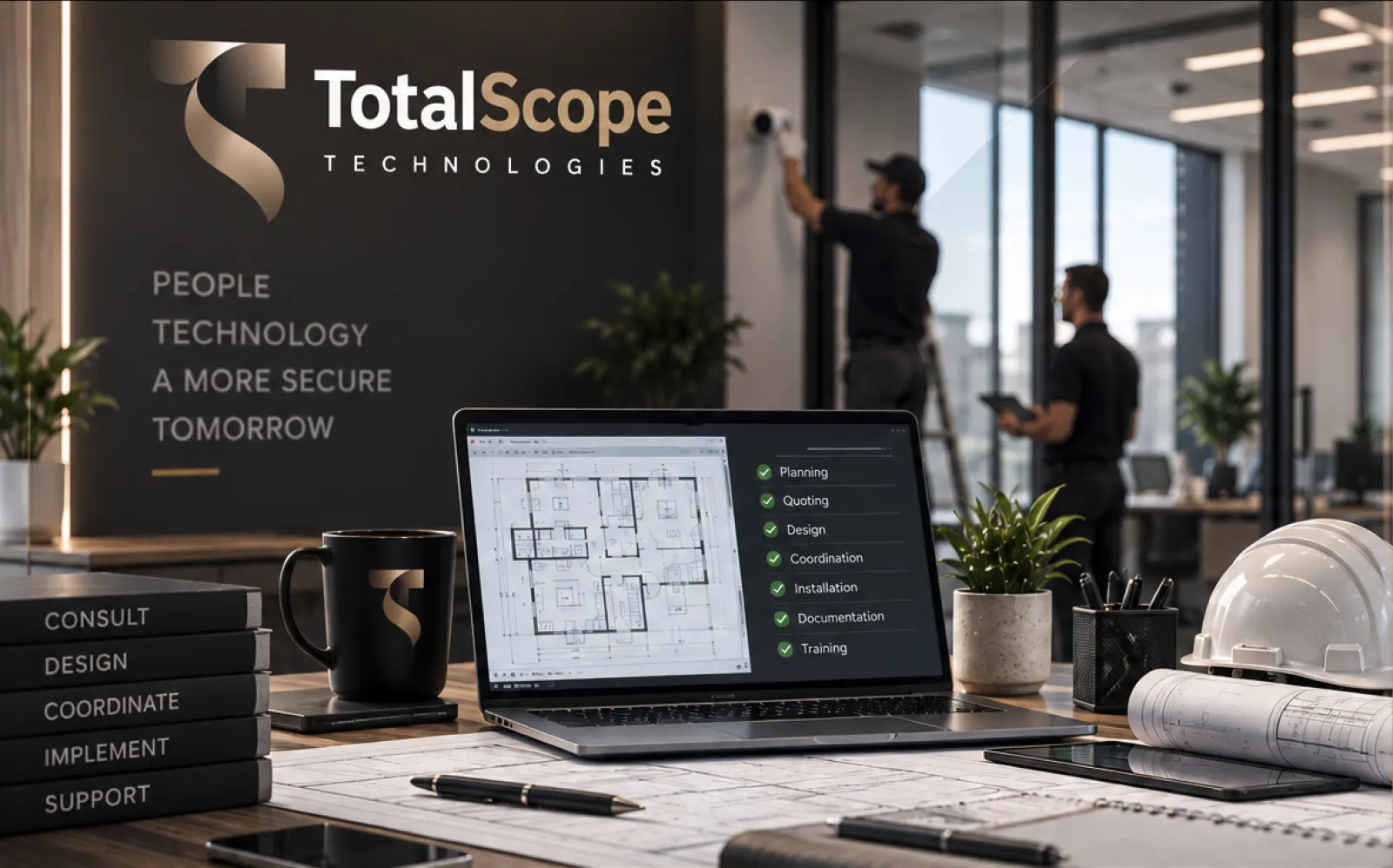 TotalScope Technologies project checklist showing planning, quoting, design, coordination, installation, documentation, and training steps