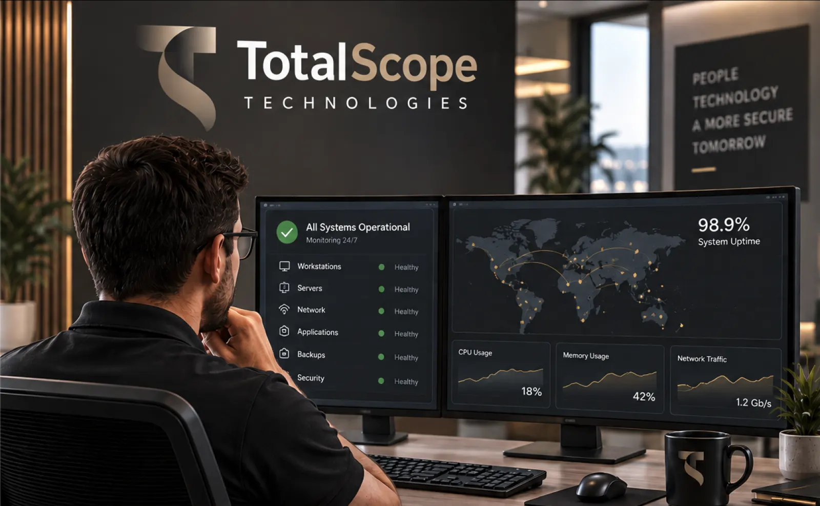 IT technician monitoring a 24/7 managed IT services dashboard showing system uptime, CPU, memory, and network health